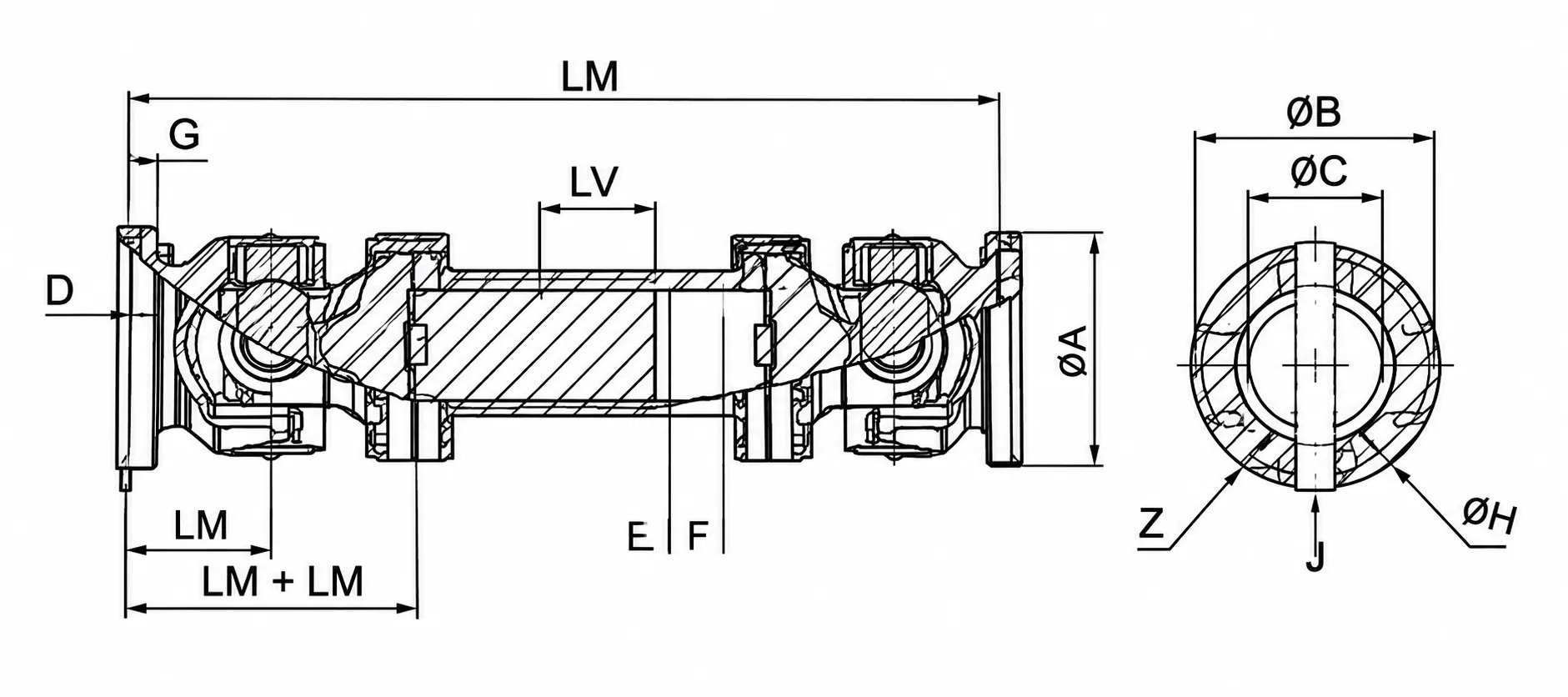 Desenho técnico de cardan industrial olhal fechado leve com as cotas da tabela: LM, LV, G, D, E, F e diâmetros A, B, C e H, além de J e Z na vista frontal